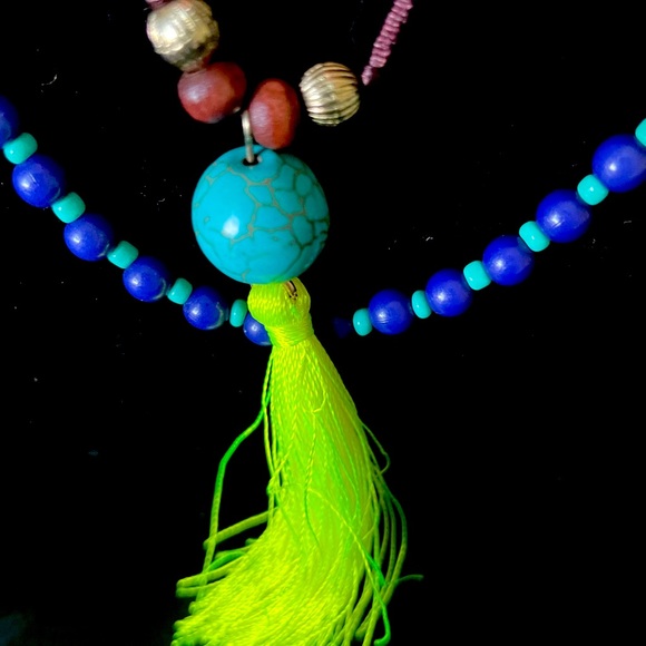 Layered Beaded Corded Boho Necklace with Tassels Mixed Glass Wood Acrylic Beads - Picture 4 of 4
